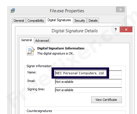 Screenshot of the NEC Personal Computers, Ltd. certificate